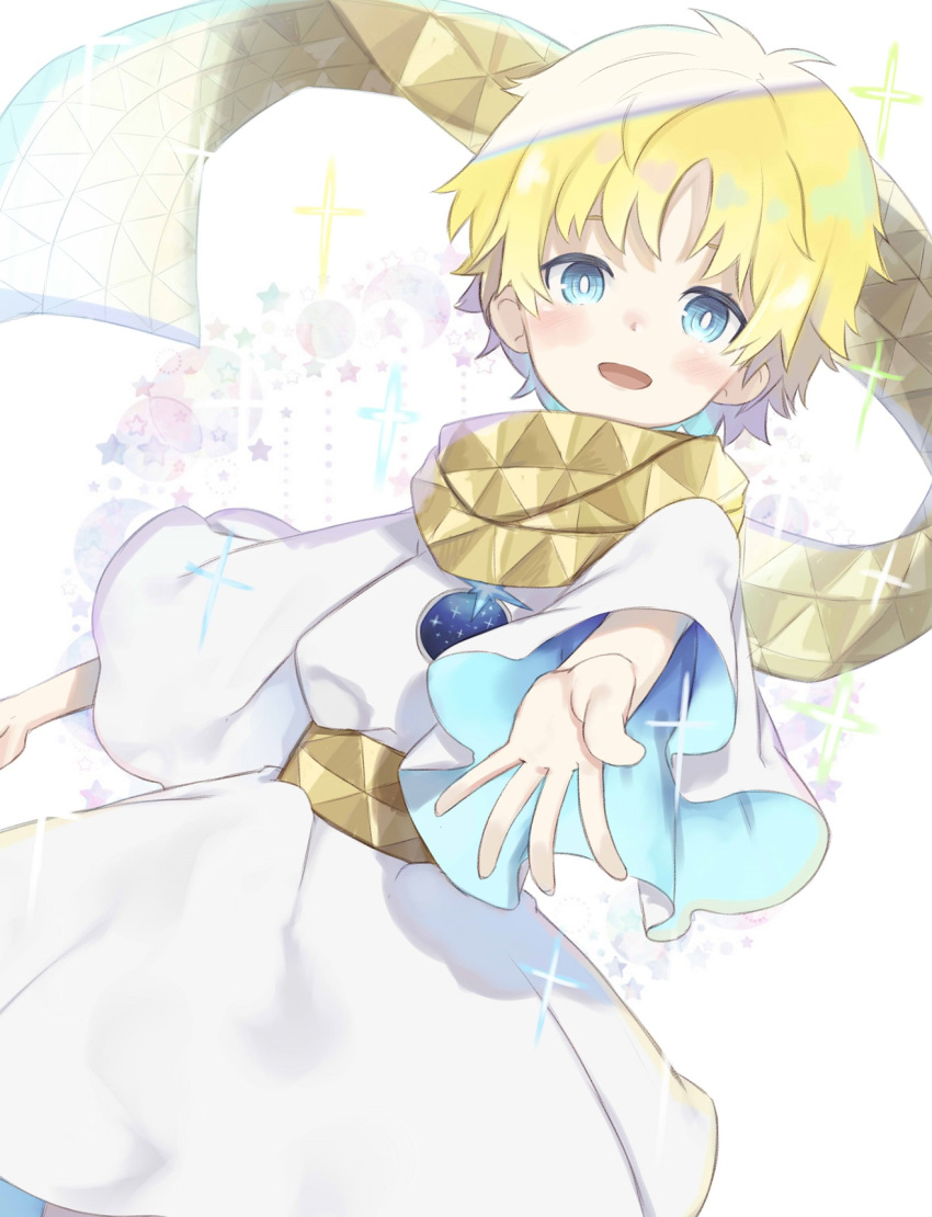 1boy blonde_hair blue_eyes fate/requiem fate_(series) highres male_focus outstretched_hand reaching_out scarf smile sparkle totatokeke voyager_(fate/requiem) wide_sleeves