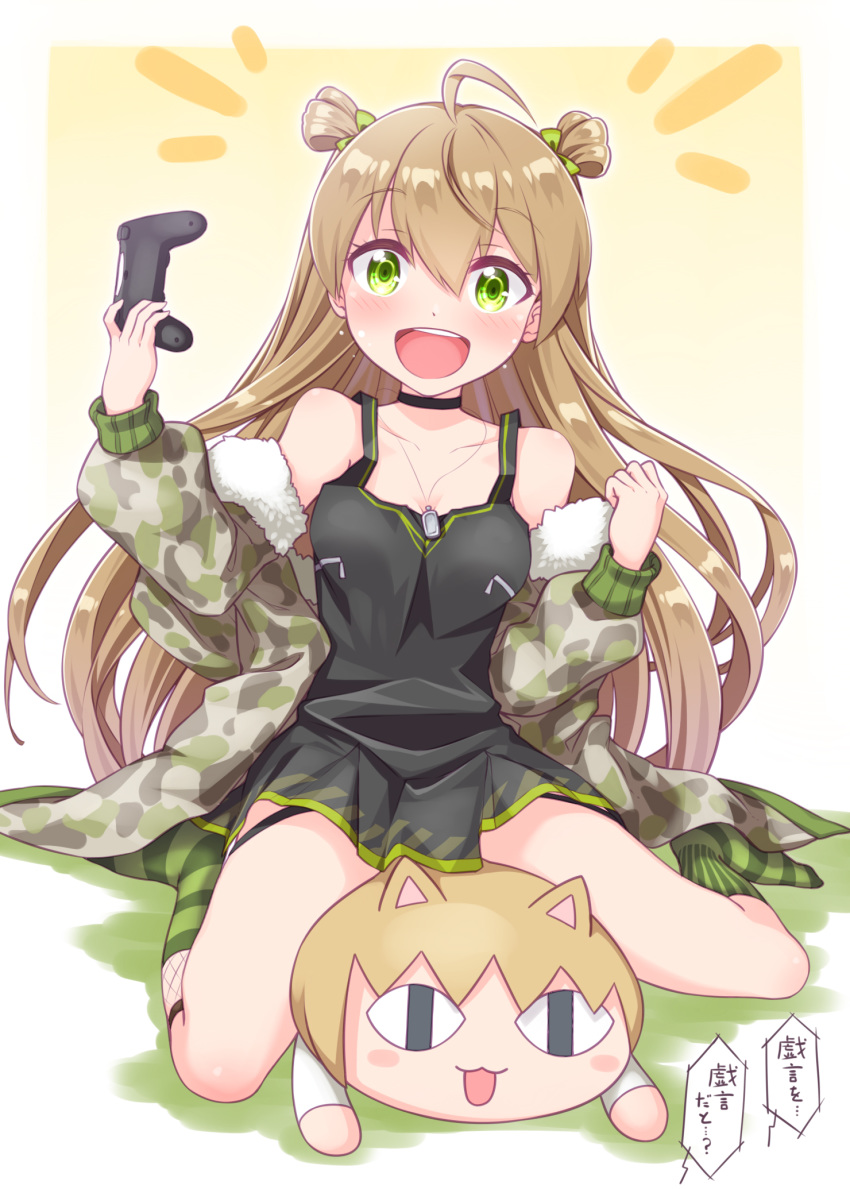 1girl :d ahoge bangs bare_shoulders black_choker black_dress blush bow breasts brown_hair camouflage_jacket character_doll choker collarbone commentary_request controller dress eyebrows_visible_through_hair fishnets full_body fur-trimmed_jacket fur_trim game_controller girls_frontline green_bow green_eyes green_legwear hair_between_eyes hair_bow haradaiko_(arata_himeko) highres holding jacket kneehighs long_hair long_sleeves looking_at_viewer medium_breasts notice_lines off_shoulder open_clothes open_jacket open_mouth puffy_long_sleeves puffy_sleeves rfb_(girls_frontline) sitting sleeveless sleeveless_dress smile solo striped striped_legwear translation_request two_side_up upper_teeth vertical-striped_legwear vertical_stripes very_long_hair wariza