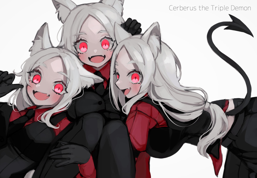 3girls :d animal_ears black_gloves black_legwear black_neckwear black_pants black_suit black_tail black_vest blush breasts cerberus_(helltaker) character_name collared_shirt demon_girl demon_tail dog_ears dog_girl eyebrows_visible_through_hair fang fangs formal gloves hand_on_another's_head helltaker highres hug huge_breasts kairi630 large_breasts long_hair looking_at_viewer matching_outfit multiple_girls necktie neckwear open_mouth pants red_eyes red_shirt shirt siblings silver_hair simple_background sisters sitting smile suit tail triplets very_long_hair vest white_background white_hair