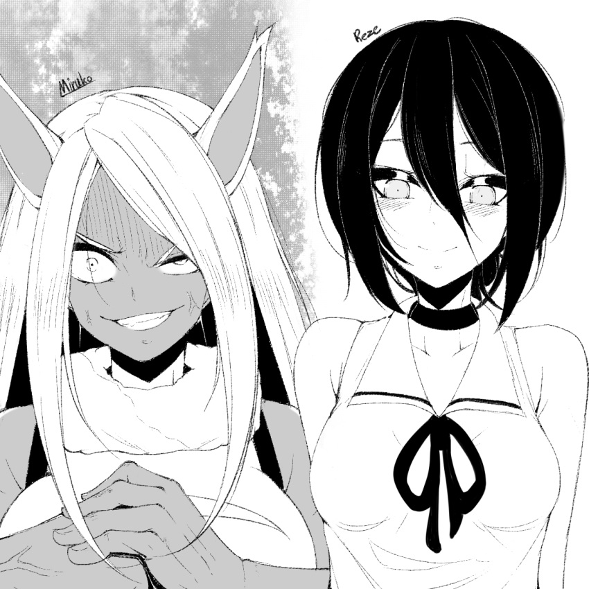 2girls animal_ears bare_shoulders black_choker black_hair black_neckwear black_ribbon blush boku_no_hero_academia breasts bunny_girl chainsaw_man choker clenched_hand collarbone collared_shirt crescent_print crossover dark_skin gradient gradient_background hair_between_eyes hair_bun highres hybrid impossible_clothes impossible_leotard large_breasts leotard light_smile long_hair looking_at_viewer medium_breasts medium_hair mirko monochrome multiple_girls rabbit_ears reze_(chainsaw_man) ribbon serious shirt silver_hair sleeveless sleeveless_shirt smile superhero tan teeth tied_hair upper_body veins veiny_hands very_long_hair white_leotard