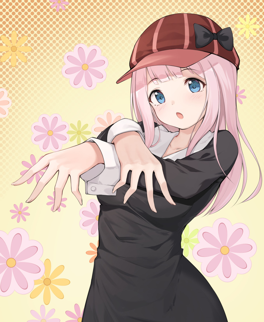 1girl :o absurdres bangs black_bow black_dress blue_eyes blunt_bangs blush bow bowl bowl_hat collared_dress dress eyebrows_visible_through_hair floral_background flower fujiwara_chika gradient gradient_background hat highres kaguya-sama_wa_kokurasetai_~tensai-tachi_no_renai_zunousen~ long_hair long_sleeves looking_at_viewer pink_hair polka_dot polka_dot_background red_headwear school_uniform solo yellow_background z_loader