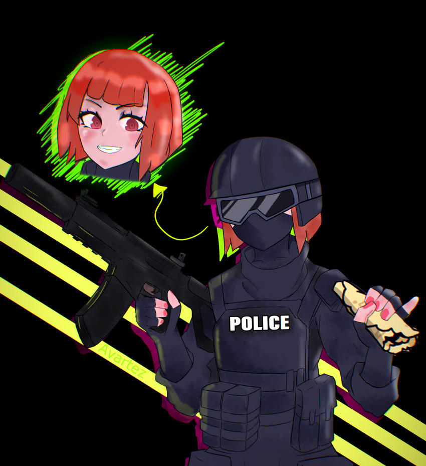 1girl absurdres artist_request balaclava character_request fingerless_gloves food gloves goggles helltaker helmet highres pancake police police_uniform policewoman red_eyes redhead solo source_request swat tactical_clothes uniform