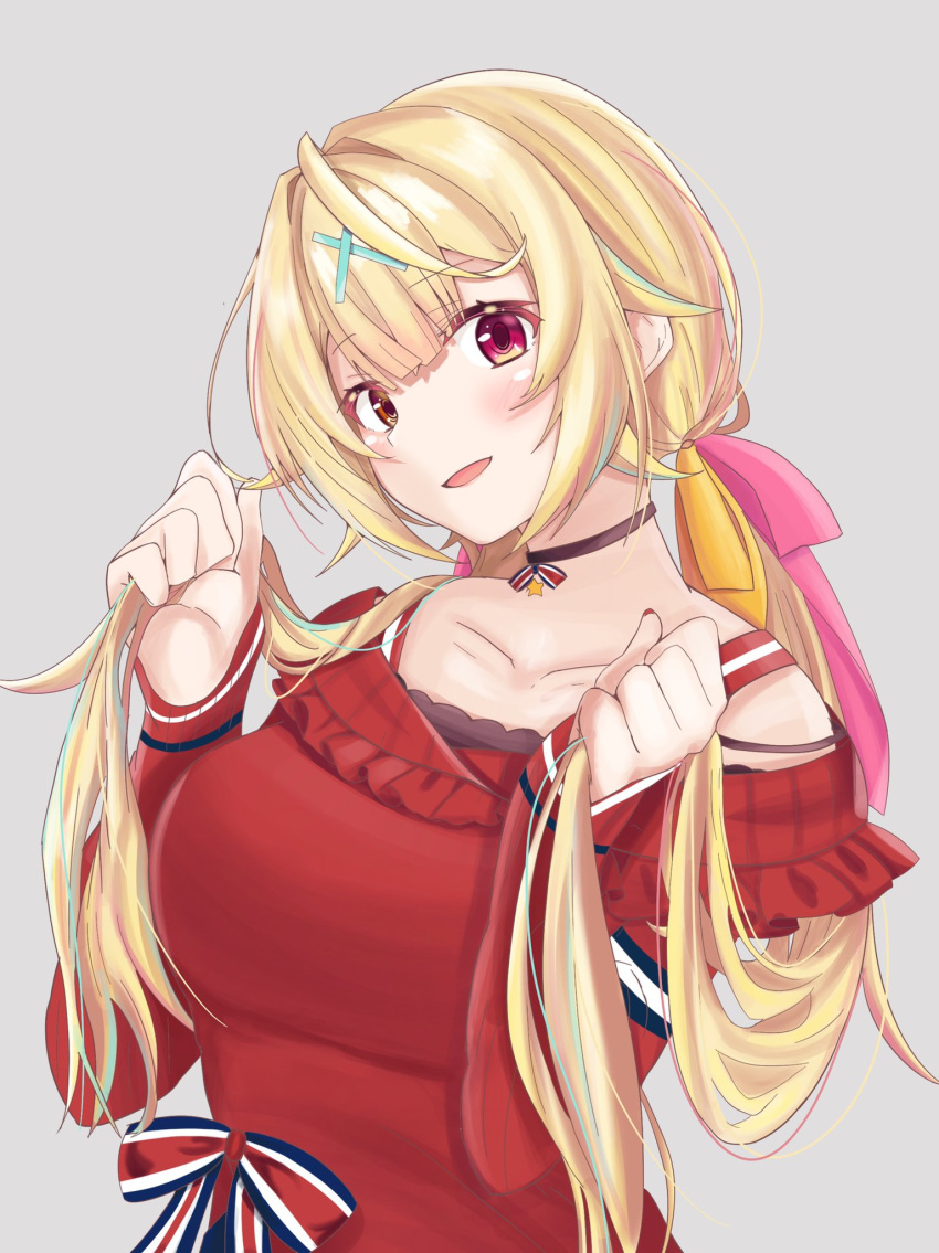 1girl :d alternate_hairstyle blonde_hair blouse blush breasts choker grey_background hair_ornament highres holding holding_hair hoshikawa_sara long_sleeves nijisanji open_mouth red_eyes smile solo ssinn twintails upper_body virtual_youtuber x_hair_ornament yellow_eyes