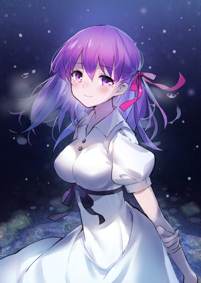 1girl arms_behind_back bangs breasts closed_mouth collared_dress commentary_request dress eyebrows_visible_through_hair fate/stay_night fate_(series) hair_ribbon hand_on_own_elbow heaven's_feel highres large_breasts long_hair looking_at_viewer matou_sakura puffy_short_sleeves puffy_sleeves purple_hair red_ribbon ribbon sheska_xue short_sleeves smile solo tears violet_eyes white_dress wing_collar
