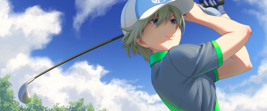 1girl alice_gear_aegis blue_eyes closed_mouth clouds commentary_request eyebrows_behind_hair gloves golf_club hat holding nikaido_tsukasa pinakes silver_hair single_glove sky smile swinging