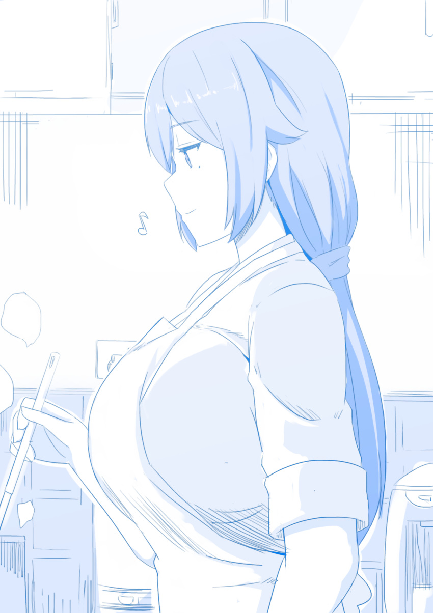 1girl apron arm_at_side arm_up blue_theme breasts closed_mouth cooking eyebrows_visible_through_hair hair_between_eyes highres huge_breasts kitchen long_hair looking_to_the_side monochrome musical_note nao_(ritsancrossover) original pot shirt sleeves_rolled_up smile solo solo_focus upper_body white_apron white_shirt