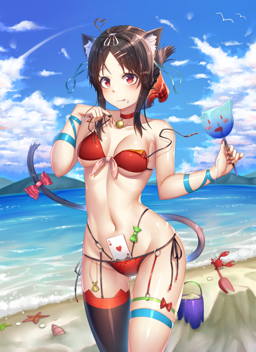 1girl absurdres ahoge alternate_costume animal_ears bangs bare_shoulders beach bikini black_hair black_legwear blush breasts card cat_ears cat_tail clouds cloudy_sky collarbone commentary crab day eyebrows_visible_through_hair folded_ponytail hair_ribbon heart_ahoge highres holding kaguya-sama_wa_kokurasetai_~tensai-tachi_no_renai_zunousen~ kishita_yuu large_breasts looking_at_viewer navel ocean outdoors parted_bangs playing_card red_bikini red_eyes red_nails red_ribbon ribbon shinomiya_kaguya single_thighhigh sky solo swimsuit tail thigh-highs thigh_strap