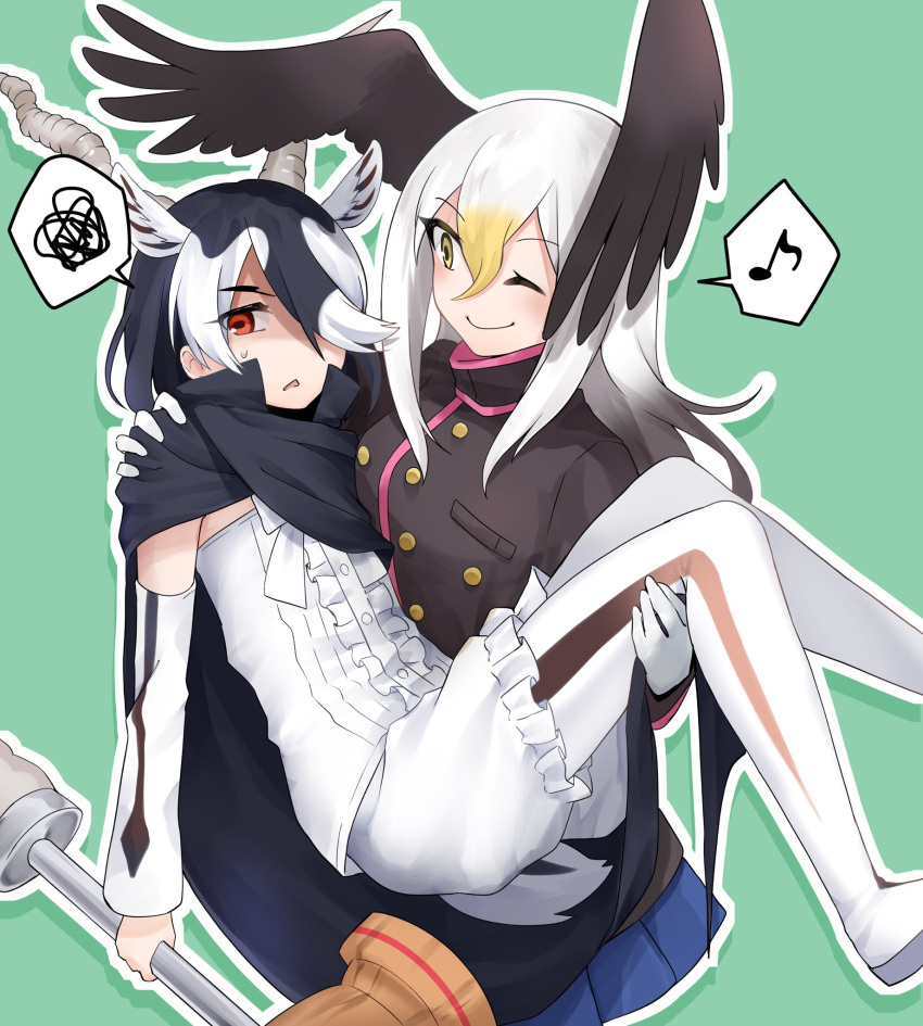 2girls antelope_ears antelope_horns bald_eagle_(kemono_friends) bird_wings black_cape black_hair blackbuck_(kemono_friends) blonde_hair blue_skirt bow bowtie brown_hair brown_jacket cape carrying center_frills commentary_request detached_sleeves extra_ears eyebrows_visible_through_hair frilled_shorts frills hair_between_eyes hair_over_one_eye head_wings high_collar highres isobee jacket kemono_friends long_hair long_sleeves multicolored_hair multiple_girls musical_note one_eye_closed pantyhose pleated_skirt polearm princess_carry red_eyes shorts sidelocks skirt spear spoken_musical_note spoken_squiggle squiggle sweatdrop two-tone_hair uniform vest weapon white_hair white_legwear white_neckwear white_shorts white_sleeves white_vest wings yellow_eyes