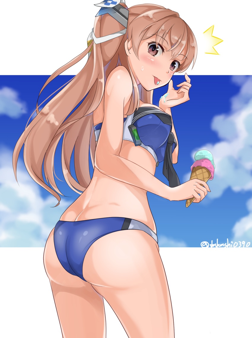 1girl ass bikini blue_bikini blue_sky breasts brown_eyes clouds commentary_request cowboy_shot from_behind hair_ornament hair_ribbon highres johnston_(kantai_collection) kantai_collection light_brown_hair long_hair looking_at_viewer looking_back medium_breasts ribbon sky solo standing swimsuit takashi_(nougyou) tongue tongue_out two_side_up
