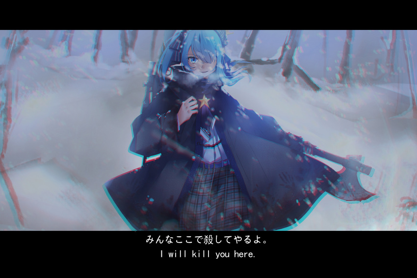 absurdres axe beret bloody_axe blue_eyes blue_hair chromatic_aberration coat cowboy_shot english_text gun hair_over_one_eye hair_ribbon hat highres hololive hoshimachi_suisei letterboxed msakuyascarlet open_mouth plaid plaid_skirt project_winter ribbon rifle rifle_on_back side_ponytail skirt smile sniper_rifle snow subtitled weapon