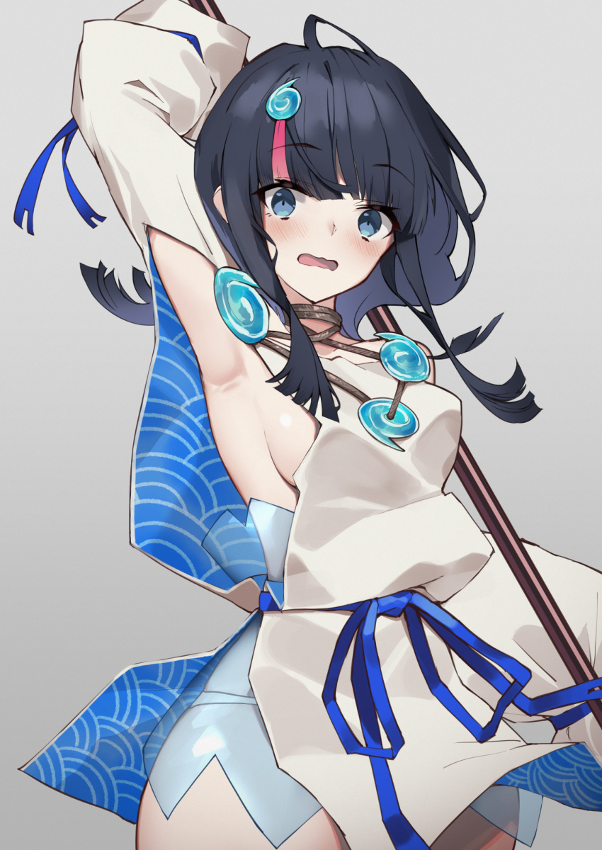 1girl arm_behind_head arm_up armpits bangs bare_shoulders black_hair blue_eyes blue_ribbon blush breasts dress fate/grand_order fate/requiem fate_(series) hair_ornament highres jewelry long_sleeves looking_at_viewer medium_breasts medium_hair necklace open_mouth pelvic_curtain pink_hair polearm ribbon short_dress sideboob sidelocks simple_background spear utsumi_erise weapon white_dress yuuuuu