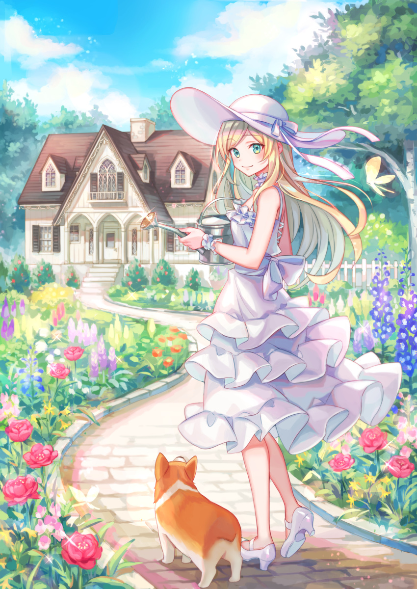 1girl absurdres back_bow bangs blonde_hair blue_sky bow bug bush butterfly closed_mouth clouds dog door dress eyebrows_visible_through_hair fence field flower flower_field foxglove frilled_dress frills garden glint green_eyes hat hat_ribbon highres holding holding_watering_can house insect leaf long_hair looking_at_viewer looking_to_the_side original path picket_fence ribbon rose scenery shiba_inu sky smile stairs standing sun_hat sundress tree watering_can welsh_corgi white_dress white_footwear window wooden_fence wrist_cuffs zoff_(daria)
