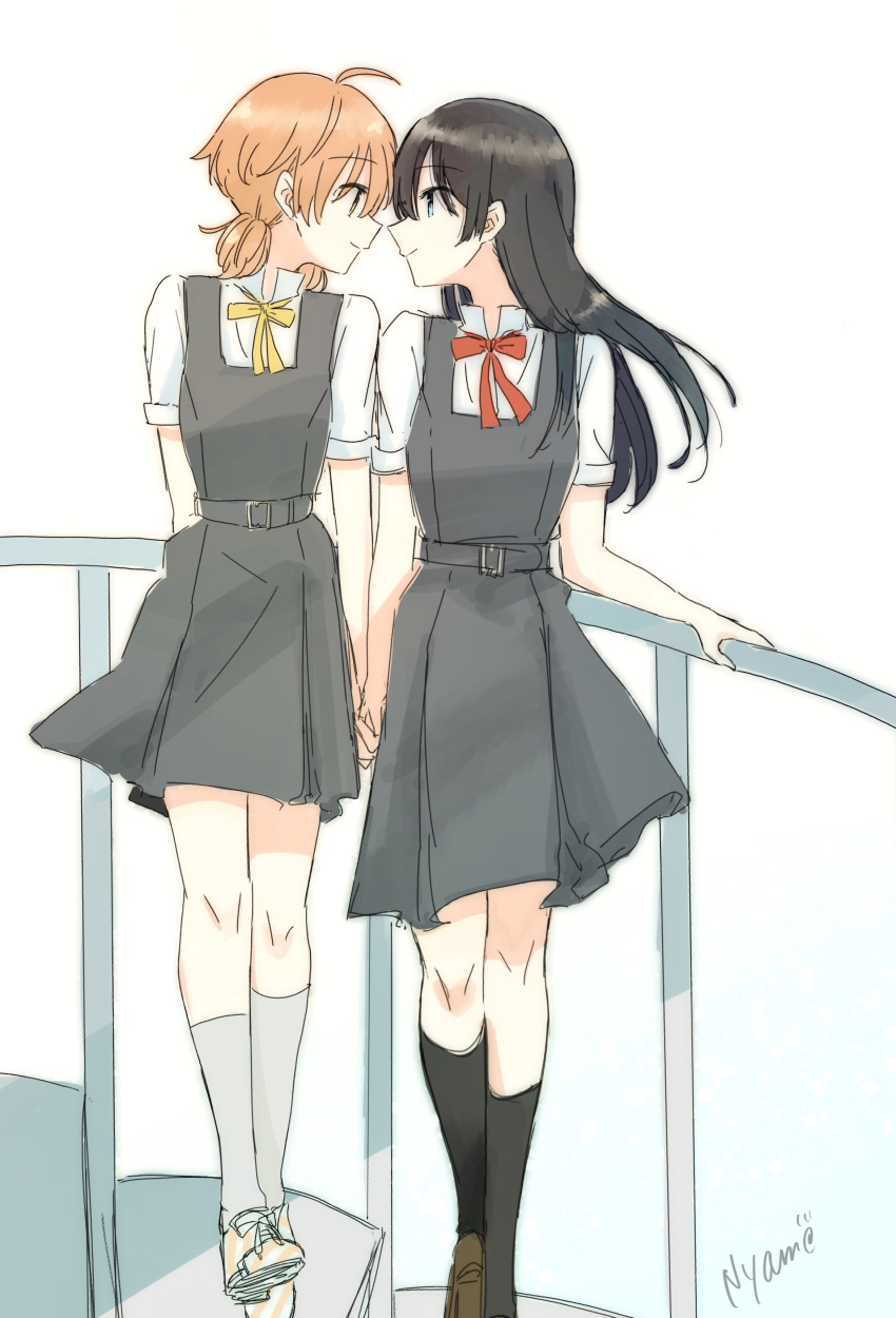 2girls absurdres black_hair couple green_eyes happy highres imminent_kiss koito_yuu long_hair looking_at_another medium_hair multiple_girls nanami_touko neck_ribbon nyamo orange_hair red_ribbon ribbon school_uniform simple_background skirt smile stairs thighs uniform white_background yagate_kimi_ni_naru yellow_eyes yellow_ribbon yuri