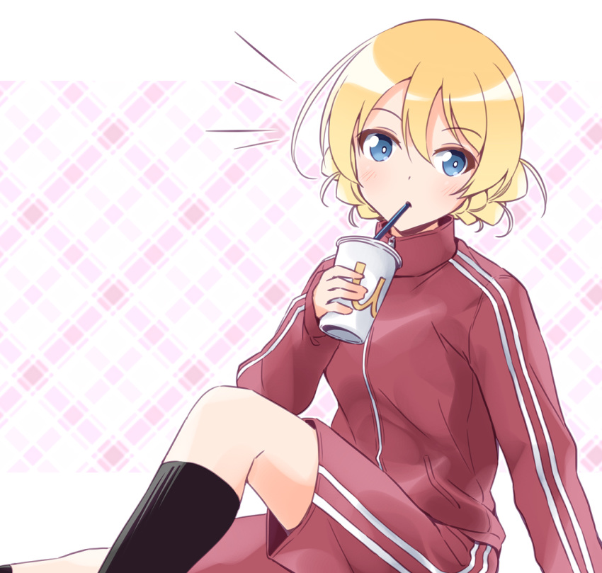 1girl bad_id bad_twitter_id bangs black_legwear blonde_hair blue_eyes braid commentary cup darjeeling_(girls_und_panzer) disposable_cup double_vertical_stripe drinking drinking_straw eyebrows_visible_through_hair girls_und_panzer gym_shorts gym_uniform holding holding_cup jacket letterboxed logo long_sleeves looking_at_viewer notice_lines pink_background plaid plaid_background red_jacket red_shorts short_hair shorts sitting socks solo tied_hair track_jacket twin_braids vri_(tinder_box) wcdonalds