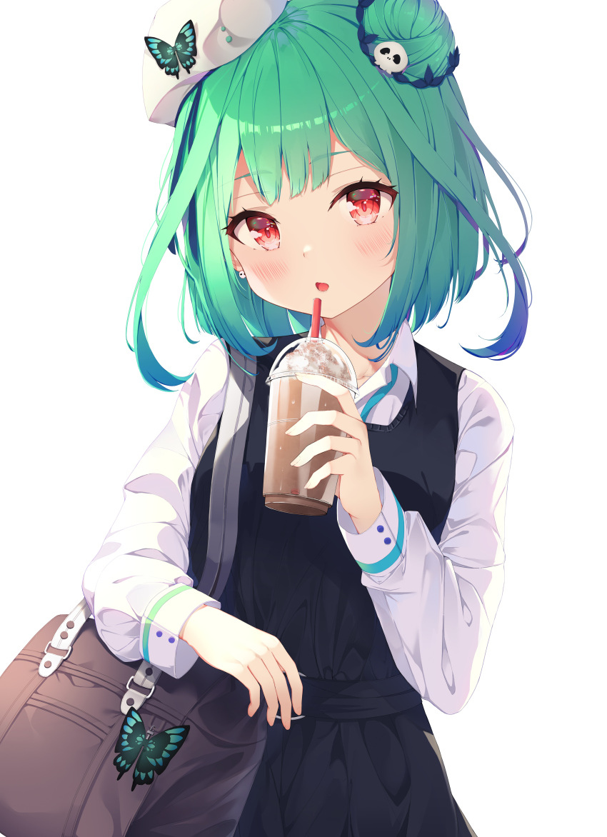 1girl absurdres bag bangs beret blush bubble_tea bug butterfly cup drinking_straw eyebrows_visible_through_hair green_hair hair_bun hat highres holding holding_cup hololive insect keis_(locrian1357) long_sleeves looking_at_viewer open_mouth red_eyes shirt short_hair simple_background solo uruha_rushia virtual_youtuber white_background white_headwear white_shirt white_sleeves