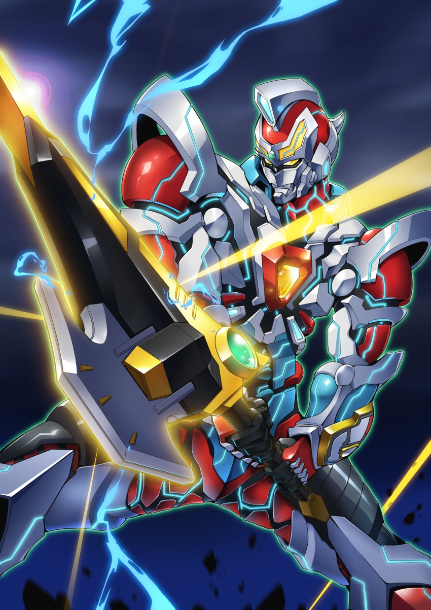 clenched_hands gamiani_zero gridman_(ssss) highres holding holding_sword holding_weapon lightning_bolt looking_ahead mecha no_humans solo ssss.gridman sunrise_stance sword weapon yellow_eyes