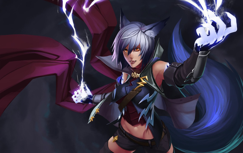 animal_ears bare_shoulders belt breasts claws cowboy_shot electricity fangs fox_ears fox_girl fox_tail gloves glowing glowing_hands hair_between_eyes highres large_breasts less lightning looking_at_viewer midriff open_mouth orange_eyes original short_hair shorts sleeveless tail teeth thigh-highs tongue vambraces violet_eyes zettai_ryouiki