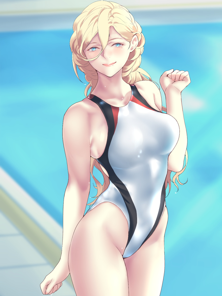 1girl alternate_costume blonde_hair blue_eyes blurry braid breasts collarbone commentary_request competition_swimsuit cowboy_shot depth_of_field hair_between_eyes highres kantai_collection large_breasts lips long_hair looking_at_viewer mole mole_under_eye mole_under_mouth one-piece_swimsuit pool pool_ladder richelieu_(kantai_collection) shingyo solo standing swimsuit white_swimsuit