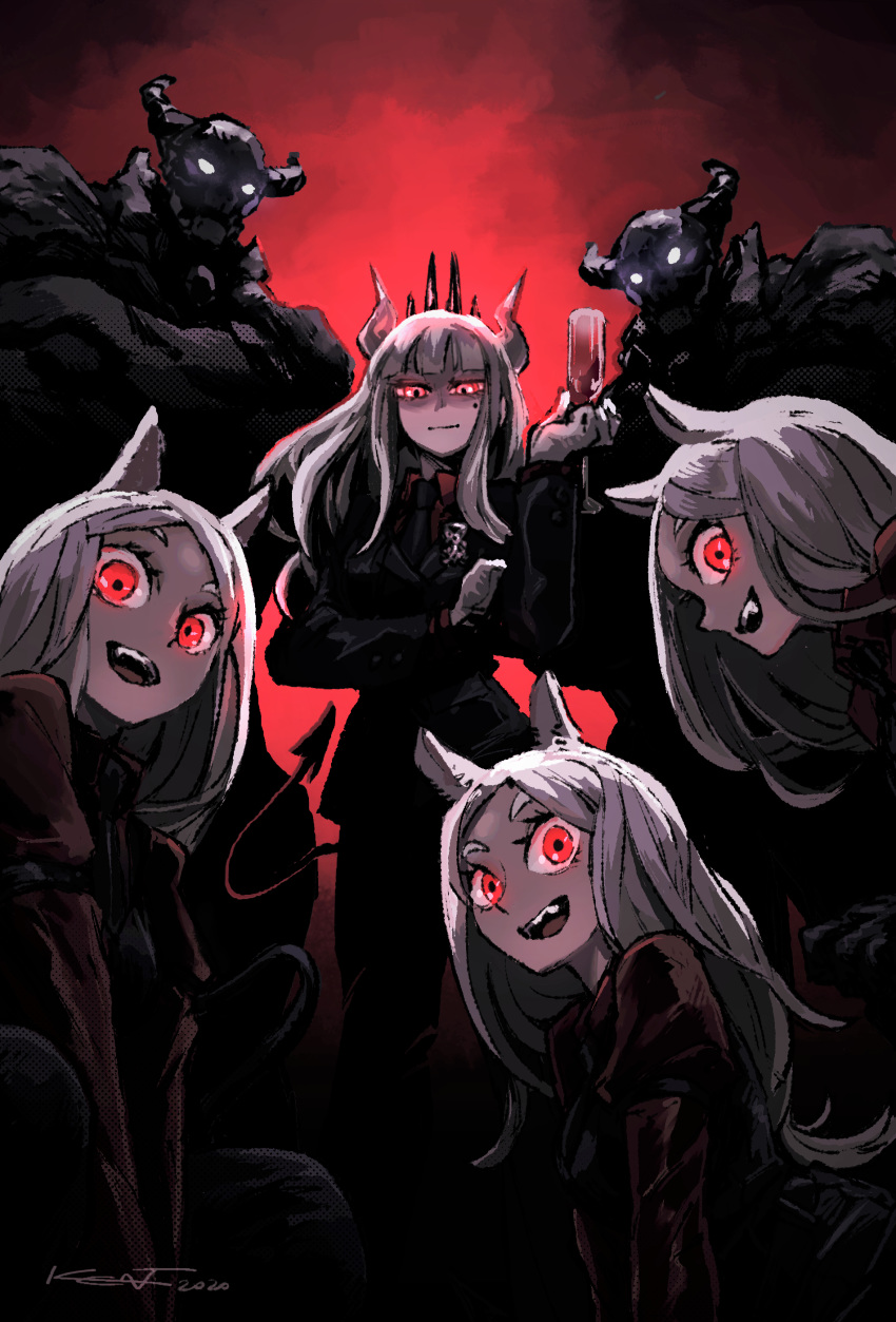 2others 4girls absurdres alcohol animal_ears bangs cerberus_(helltaker) crown cup demon_girl dog_ears drinking_glass formal glowing glowing_eyes helltaker highres horns kent_(innuendo666) long_hair looking_at_viewer lucifer_(helltaker) mole mole_under_eye multiple_girls multiple_others necktie red_eyes red_shirt shirt smile white_hair wine wine_glass