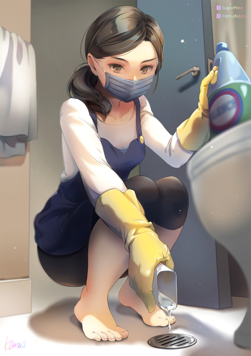 1girl apron barefoot black_hair black_pants bleach_(chemical) blue_apron brown_eyes coronavirus_pandemic door door_handle facebook_username gloves highres instagram_username kamui_(kamuikaoru) mask mouth_mask original pants pouring shirt squatting surgical_mask toilet toilet_seat towel white_shirt yellow_gloves