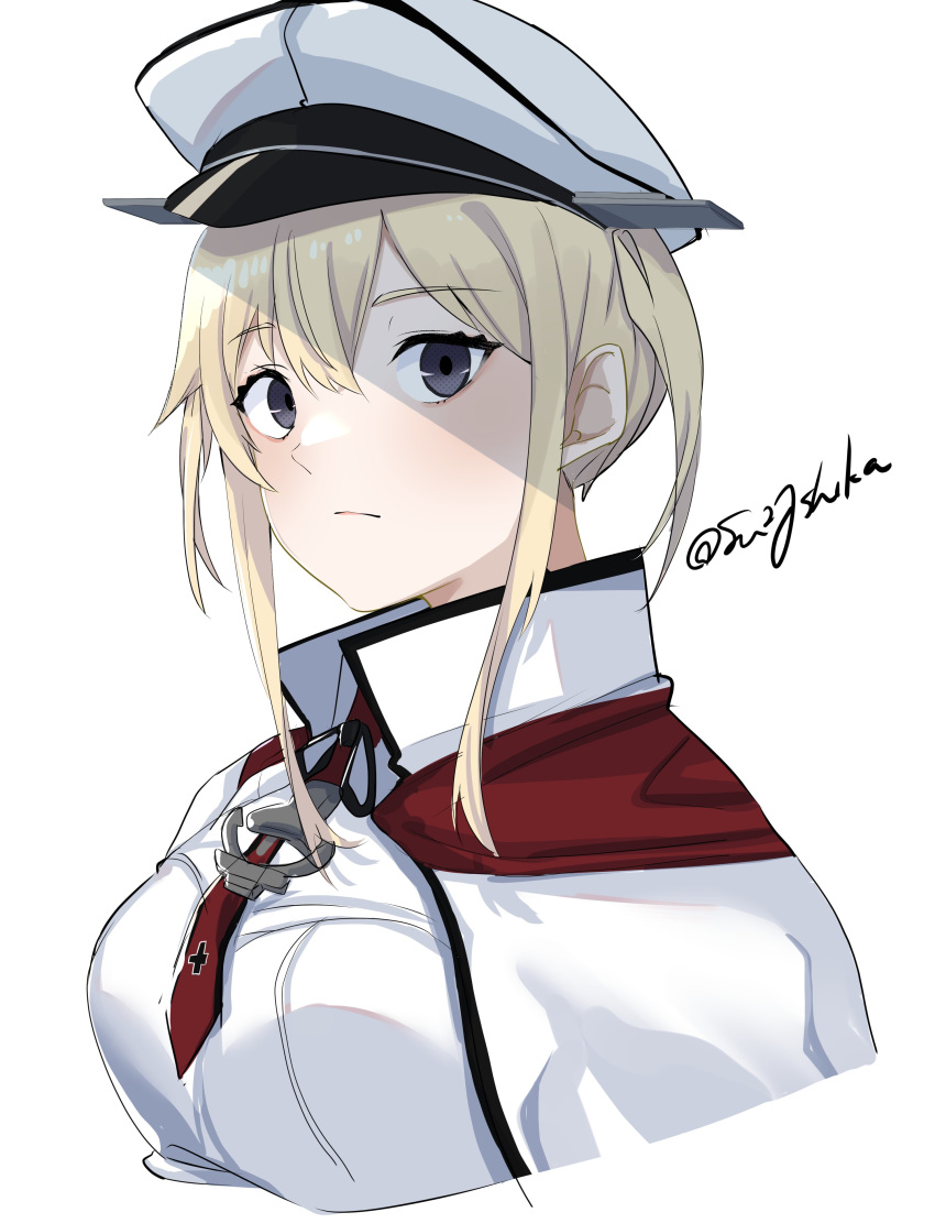 1girl absurdres bangs black_eyes blonde_hair breasts capelet closed_mouth cropped_torso eyebrows_visible_through_hair graf_zeppelin_(kantai_collection) hair_between_eyes hat highres iron_cross kantai_collection peaked_cap red_neckwear sidelocks simple_background solo sui_(sui27shika) twintails twitter_username upper_body white_background
