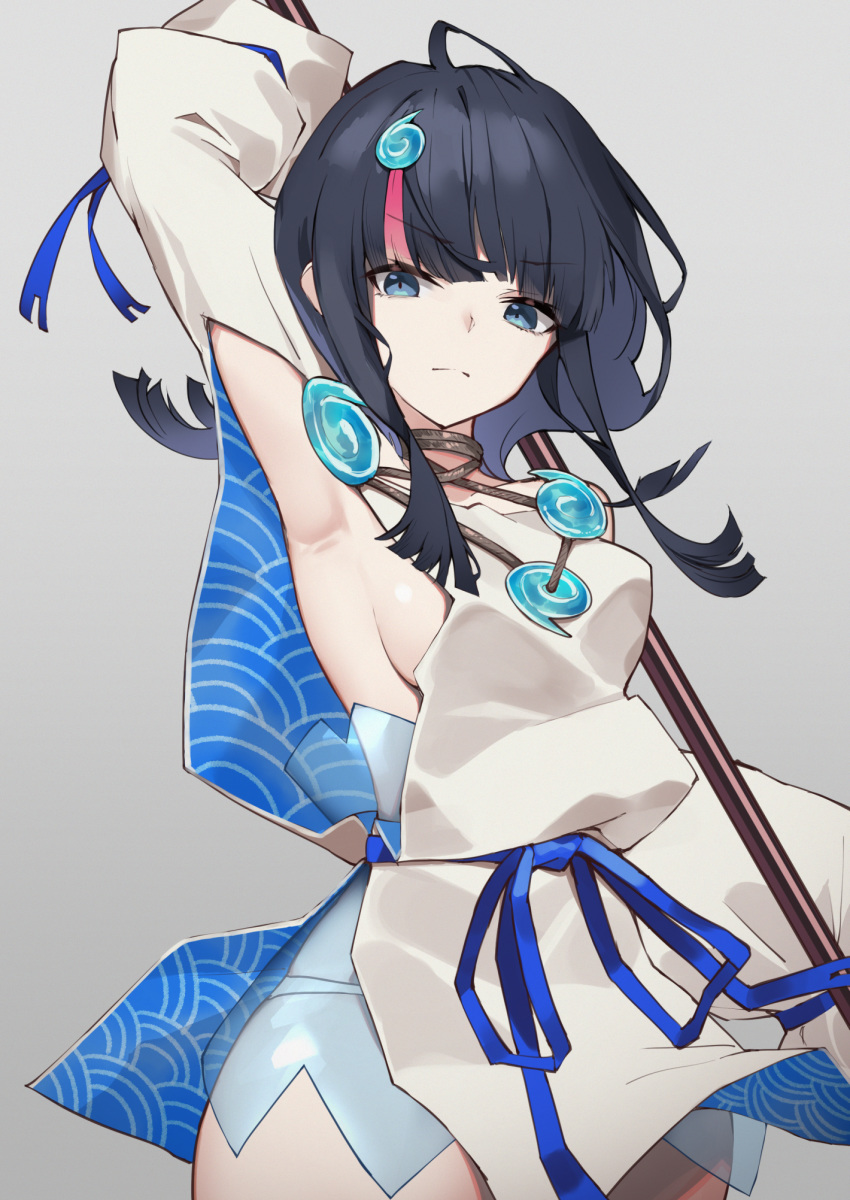 1girl arm_behind_head arm_up armpits bangs bare_shoulders black_hair blue_eyes blue_ribbon breasts closed_mouth dress fate/grand_order fate/requiem fate_(series) hair_ornament highres jewelry long_sleeves looking_at_viewer medium_breasts medium_hair necklace pelvic_curtain pink_hair polearm ribbon short_dress sideboob sidelocks simple_background spear utsumi_erise weapon white_dress yuuuuu