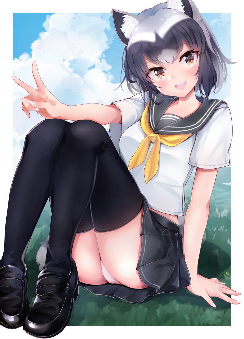 1girl absurdres alternate_costume animal_ear_fluff animal_ears ass bangs bare_arms black_footwear black_hair black_legwear black_skirt brown_hair collared_shirt common_raccoon_(kemono_friends) day eyebrows_visible_through_hair full_body grey_hair head_tilt highres kemono_friends kinou_no_shika knees_up looking_at_viewer medium_hair microskirt midriff_peek multicolored_hair neckerchief open_mouth outdoors outstretched_arm panties pantyshot raccoon_ears raccoon_tail sailor_collar shirt shoes short_sleeves sitting skirt smile solo stomach tail thigh-highs underwear upper_teeth v white_hair white_panties white_shirt