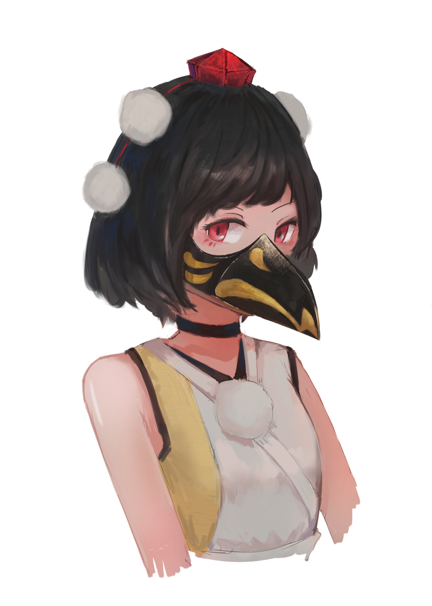 1girl bangs beak_mask black_choker black_hair choker covered_face facial_mark facing_viewer fjsmu hair_pom_pom hat highres pink_eyes pom_pom_(clothes) portrait red_headwear shameimaru_aya shirt short_hair simple_background sleeveless sleeveless_shirt solo swept_bangs tokin_hat touhou white_background