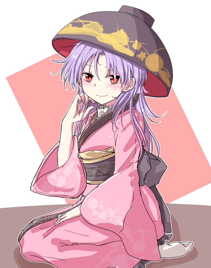 1girl absurdres alternate_hair_length alternate_hairstyle bowl bowl_hat commentary_request hat highres japanese_clothes kimono light_smile looking_at_viewer obi oshiaki partial_commentary pink_kimono purple_hair red_eyes sash seiza sitting solo sukuna_shinmyoumaru tabi touhou wide_sleeves