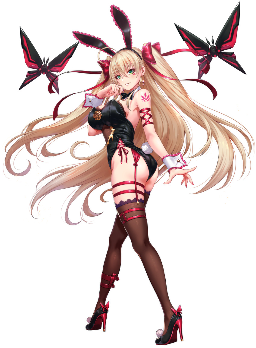 1girl animal_ears ass bangs bare_shoulders black_footwear black_legwear blonde_hair breasts bunny_girl bunny_tail bunnysuit commentary_request eyebrows_visible_through_hair fake_animal_ears fake_tail from_side full_body hair_ribbon highres large_breasts long_hair looking_at_viewer original parted_lips rabbit_ears red_footwear red_ribbon ribbon sakiyamama shoes shoulder_tattoo simple_background smile solo tail tattoo thigh-highs twintails two-tone_footwear very_long_hair white_background white_legwear wrist_cuffs