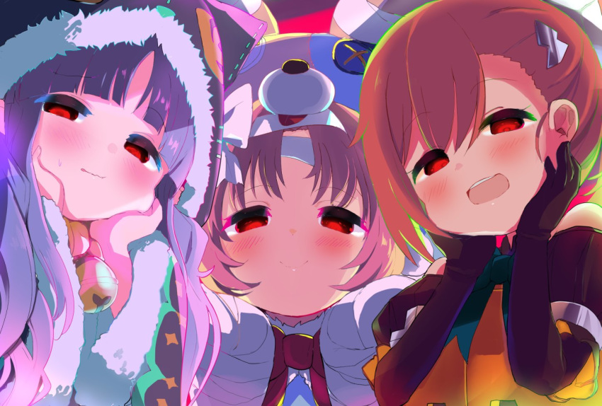 3girls :d animal_ears animal_hat animal_hood bandaged_arm bandaged_hands bandaged_head bandages bangs bell black_gloves black_sleeves brown_hair bunny_hat closed_mouth commentary_request detached_sleeves earmuffs elbow_gloves eyebrows_visible_through_hair fake_animal_ears fur-trimmed_hood fur-trimmed_sleeves fur_trim gloves hair_between_eyes hair_ornament hand_on_own_face hands_up hat hood jingle_bell kyouka_(princess_connect!) long_sleeves mimi_(princess_connect!) misogi_(princess_connect!) multiple_girls open_mouth pink_hair pink_headwear princess_connect! princess_connect!_re:dive puffy_short_sleeves puffy_sleeves purple_hair rabbit_ears red_eyes short_sleeves smile upper_body upper_teeth wide_sleeves yandere yinpa_(wanone500511)