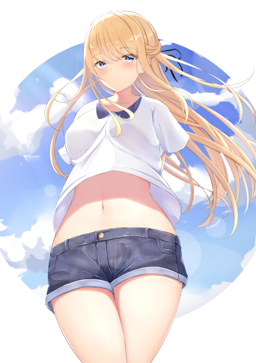 1girl arms_behind_back bare_thighs blonde_hair blue_eyes circle_cut clouds denim denim_shorts expressionless eyebrows_visible_through_hair hair_blowing hair_ribbon hayasaka_ai highres kaguya-sama_wa_kokurasetai_~tensai-tachi_no_renai_zunousen~ kanade_pa long_hair midriff navel original ribbon shirt short_shorts short_sleeves shorts sky thighs white_background white_shirt