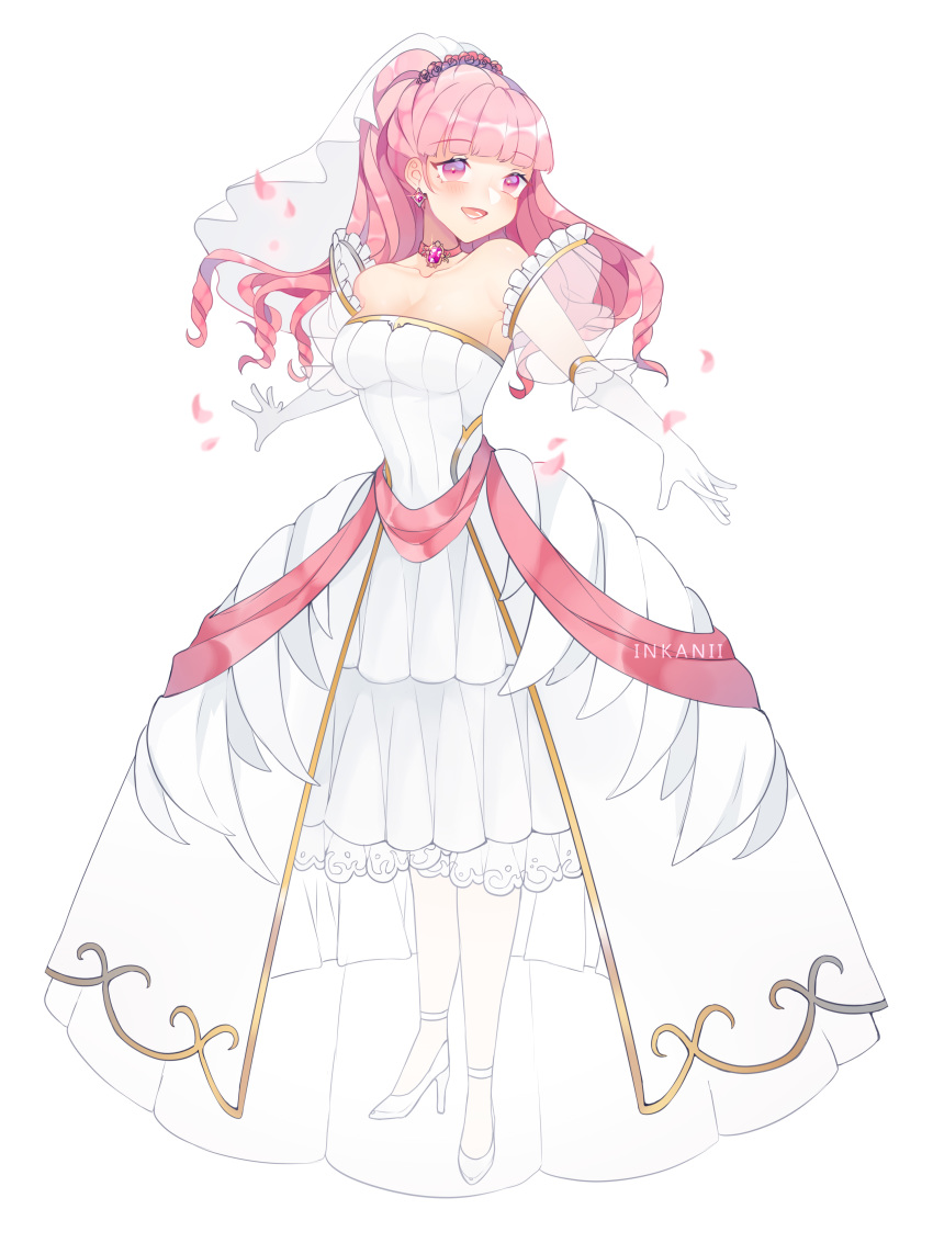 1girl absurdres artist_name bride bride_(fire_emblem) dress earrings fire_emblem fire_emblem:_three_houses full_body gloves high_heels highres hilda_valentine_goneril inkanii jewelry long_hair open_mouth petals pink_eyes pink_hair ponytail see-through simple_background solo wedding_dress white_background white_dress white_gloves