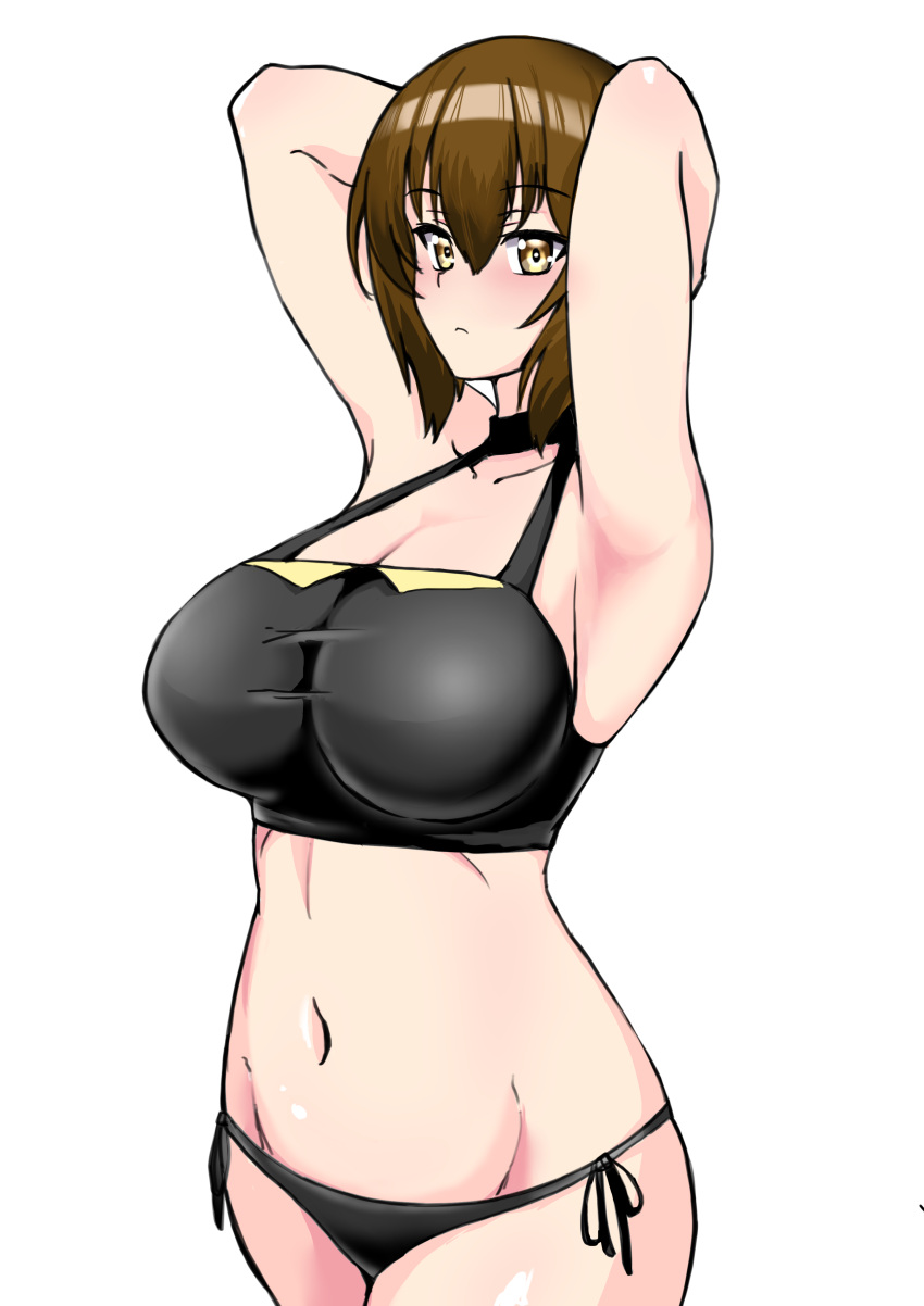 1girl absurdres armpits arms_behind_head arms_up bangs bikini black_bikini blush breasts brown_eyes brown_hair closed_mouth commentary cowboy_shot girls_und_panzer groin halterneck highres large_breasts light_frown looking_at_viewer navel nishizumi_maho short_hair side-tie_bikini_bottom simple_background solo standing swimsuit white_background yuusha