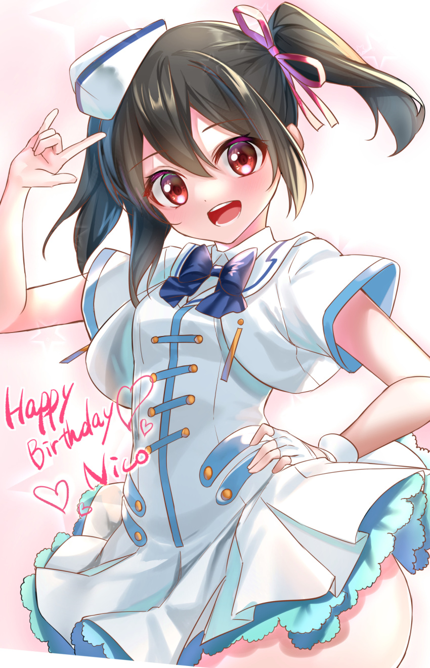 1girl :d arm_up bangs black_hair blue_bow bow breasts character_name collared_dress commentary_request cropped_jacket dress eyebrows_visible_through_hair hair_between_eyes hair_ribbon hand_on_hip happy_birthday hat heart highres jacket looking_at_viewer love_live! love_live!_school_idol_project open_mouth pink_ribbon pleated_dress red_eyes ribbon rukinya_(nyanko_mogumogu) sailor_hat short_sleeves small_breasts smile solo star_(symbol) tilted_headwear twintails upper_teeth white_dress white_headwear white_jacket yazawa_nico