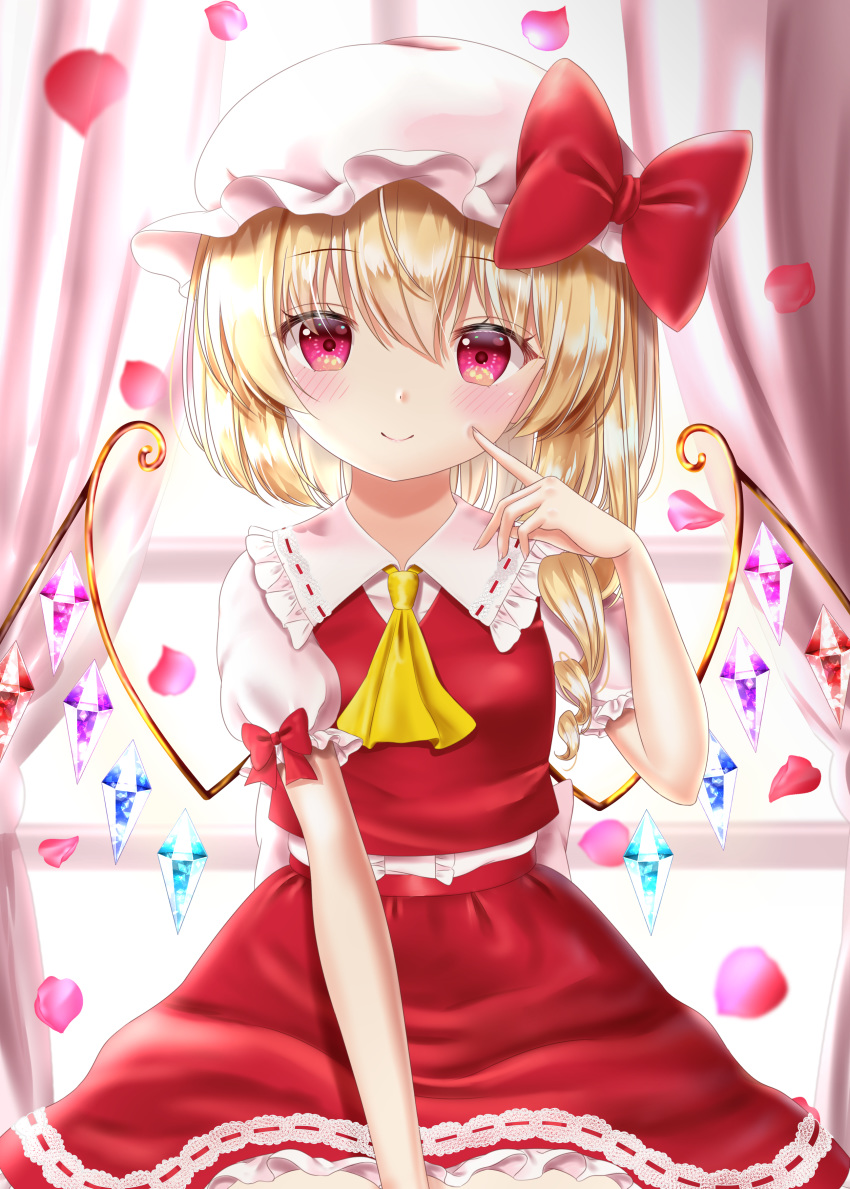 1girl absurdres arm_up between_legs blonde_hair blush cheek_poking commentary_request cravat curtains day eyebrows_visible_through_hair finger_to_cheek flandre_scarlet frilled_shirt_collar frills hair_between_eyes hand_between_legs hat hat_ribbon highres indoors looking_at_viewer mob_cap nyanyanoruru one_side_up partial_commentary petals petticoat poking puffy_short_sleeves puffy_sleeves red_skirt red_vest ribbon rose_petals shiny shiny_hair shirt short_hair short_sleeves sitting skirt smile solo touhou vest white_headwear white_shirt window wings yellow_neckwear