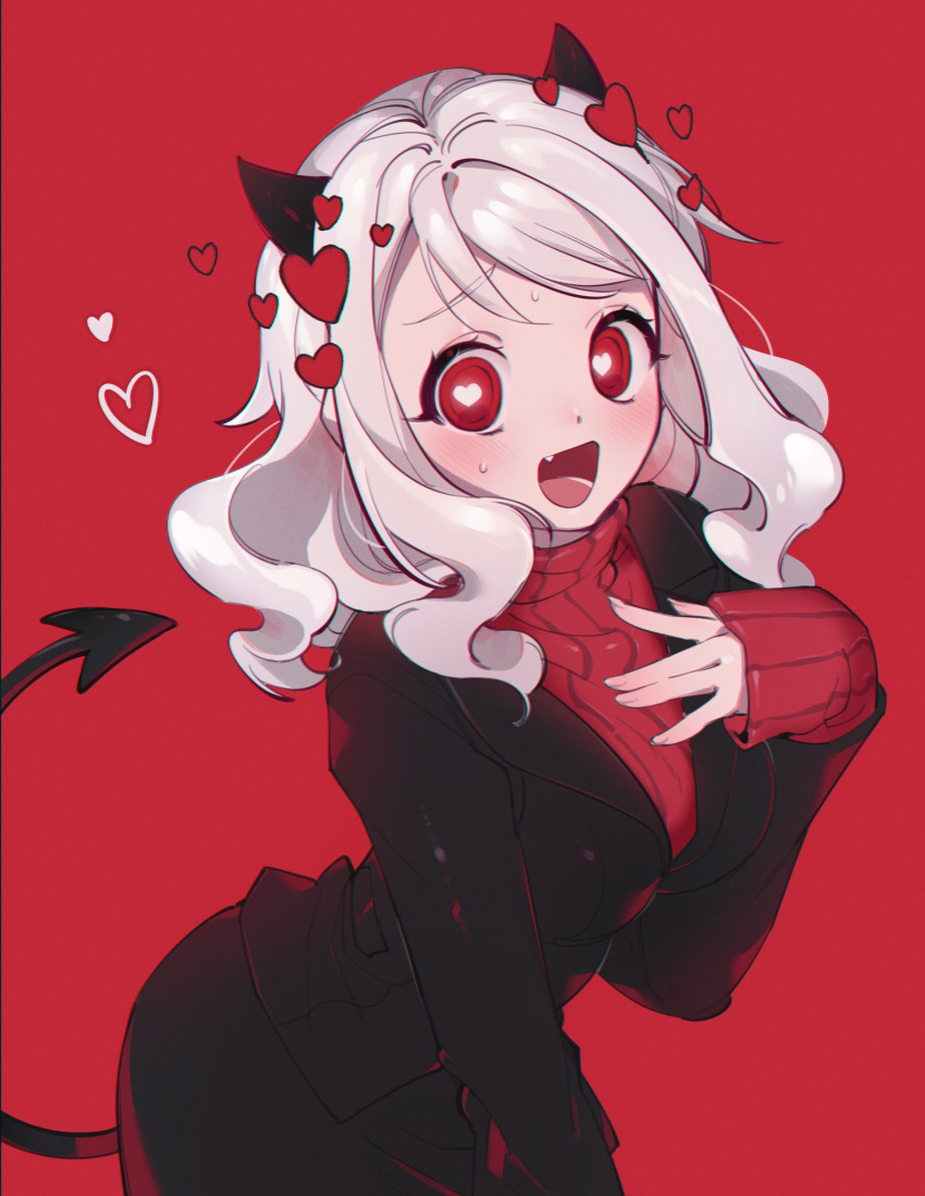 1girl 217sian :d black_horns black_jacket black_legwear black_miniskirt black_skirt black_suit black_tail blush breasts business_suit curly_hair demon_girl demon_horns demon_tail formal heart heart-shaped_pupils helltaker highres horns huge_breasts jacket large_breasts long_sleeves looking_at_viewer medium_hair miniskirt modeus_(helltaker) monster_girl open_mouth red_background red_eyes red_sweater ribbed_shirt shirt short_hair simple_background skirt sleeves_past_wrists smile solo standing suit sweat sweatdrop sweater symbol-shaped_pupils tail turtleneck white_hair