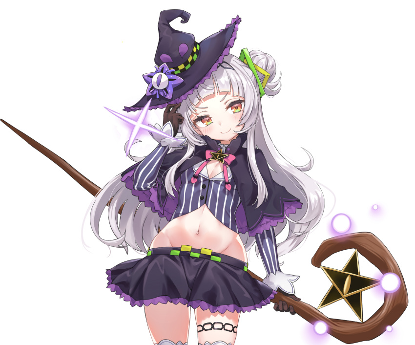 &gt;:) 1girl absurdres black_headwear black_skirt blush breasts brown_eyes brown_gloves closed_mouth commentary_request frilled_hat frills gloves groin hair_bun hand_up hat head_tilt highres holding holding_staff hololive ivan_wang long_hair long_sleeves looking_at_viewer murasaki_shion navel pleated_skirt shirt side_bun silver_hair skirt sleeves_past_wrists small_breasts smile solo sparkle staff star striped striped_shirt thigh-highs v-shaped_eyebrows vertical-striped_shirt vertical_stripes very_long_hair virtual_youtuber white_legwear witch_hat