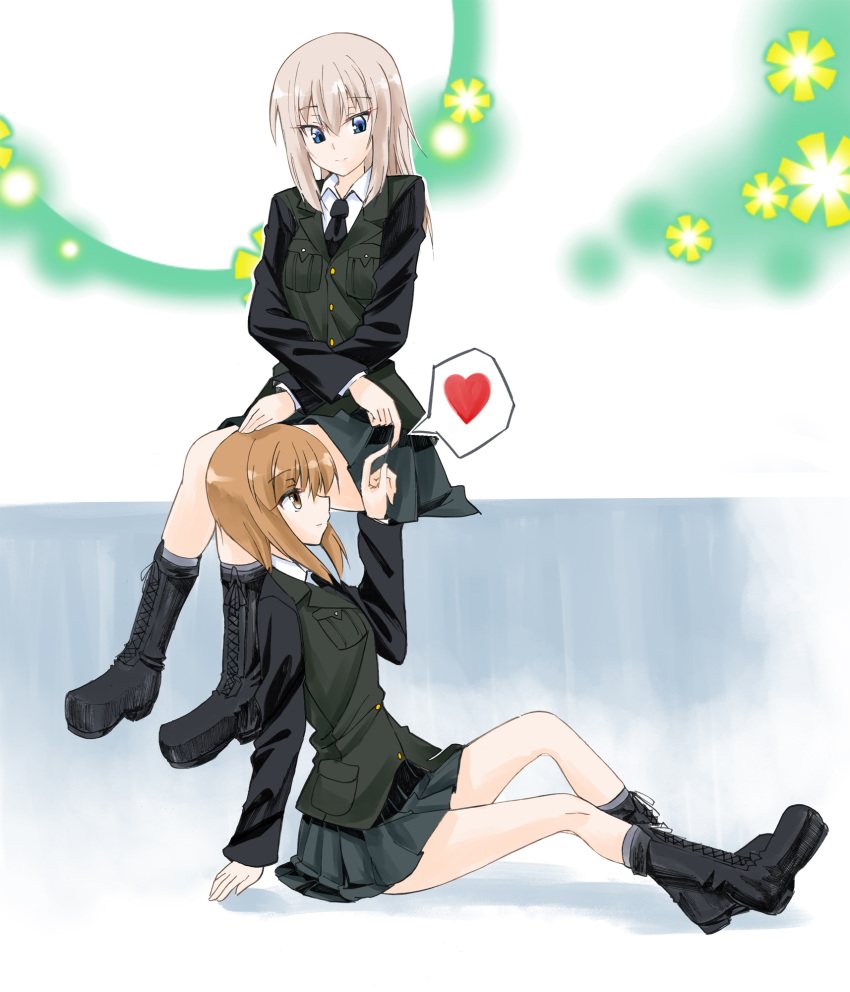 2girls bad_id bad_twitter_id bangs black_footwear black_jacket black_neckwear black_skirt boots closed_mouth cross-laced_footwear dress_shirt eno_(mauritz_stiller) eyebrows_visible_through_hair fingers_together floral_background from_side girls_und_panzer grey_legwear hand_on_another's_head heart highres itsumi_erika jacket lace-up_boots long_hair long_sleeves looking_at_another military military_uniform miniskirt multiple_girls necktie nishizumi_miho older pleated_skirt selection_university_military_uniform shirt short_hair sitting skirt smile socks spoken_heart uniform white_shirt yuri