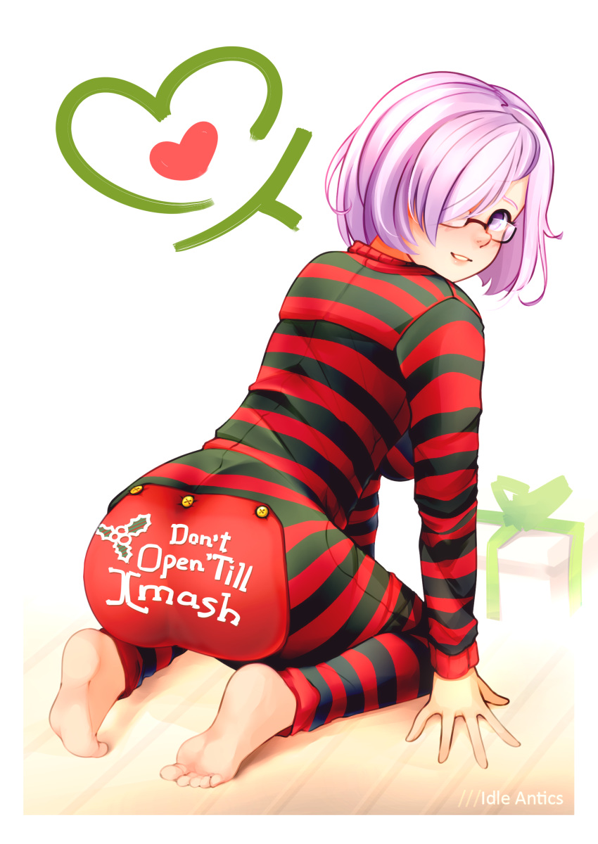 1girl absurdres artist_name ass black_pajamas breasts commentary_request english_text fate/grand_order fate_(series) glasses hair_over_one_eye heart highres idle_antics kneeling long_sleeves looking_at_viewer mash_kyrielight pajamas red_pajamas short_hair simple_background smile solo striped striped_pajamas violet_eyes white_background