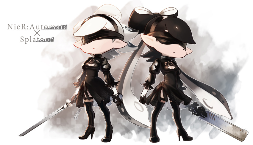 2girls aori_(splatoon) artist_name black_dress black_footwear black_gloves black_hair black_hairband blindfold boots breasts cleavage_cutout closed_mouth commentary copyright_name cosplay coula_cat cousins dress facing_viewer gloves gradient_hair grey_hair hairband high_heel_boots high_heels highres holding holding_sword holding_weapon hotaru_(splatoon) light_frown long_hair long_sleeves medium_breasts medium_dress medium_hair mole mole_under_eye multicolored_hair multiple_girls nier_(series) nier_automata parted_lips pointy_ears side-by-side side_slit signature smoke splatoon_(series) standing sword tentacle_hair thigh-highs thigh_boots thigh_strap tied_hair very_long_hair weapon white_background white_hair yorha_no._2_type_b yorha_no._2_type_b_(cosplay)