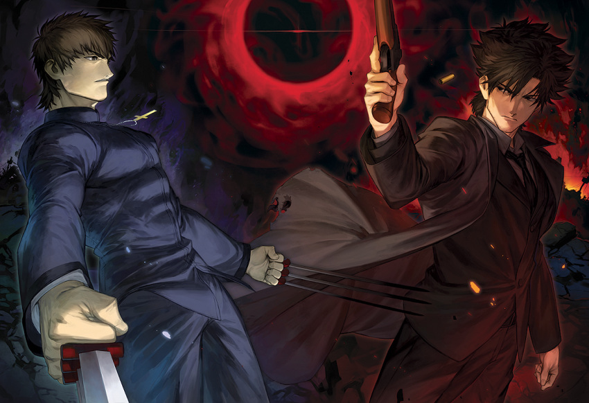 2boys azusa_(hws) black_hair black_keys black_neckwear brown_eyes brown_hair cassock chest collar covered_abs cross cross_necklace dynamic_pose embers emiya_kiritsugu fate/stay_night fate/zero fate_(series) fighting_stance fire formal glowing gun handgun holding holding_gun holding_weapon holy_grail_(fate) jewelry kotomine_kirei long_sleeves looking_at_another male_focus multiple_boys necklace necktie priest sparkle suit tight toned toned_male upper_body weapon