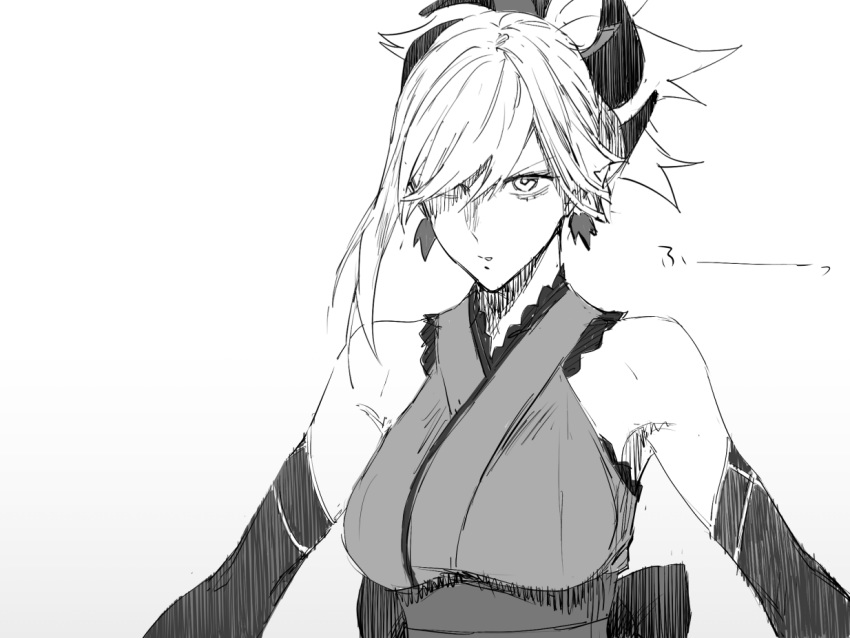 1girl armpits bangs bare_shoulders earrings elbow_gloves fate/grand_order fate_(series) gloves greyscale hair_between_eyes hair_ornament hair_over_one_eye japanese_clothes jewelry kimono long_hair miyamoto_musashi_(fate/grand_order) monochrome nakuta ponytail shaded_face sidelocks simple_background sleeveless solo white_background