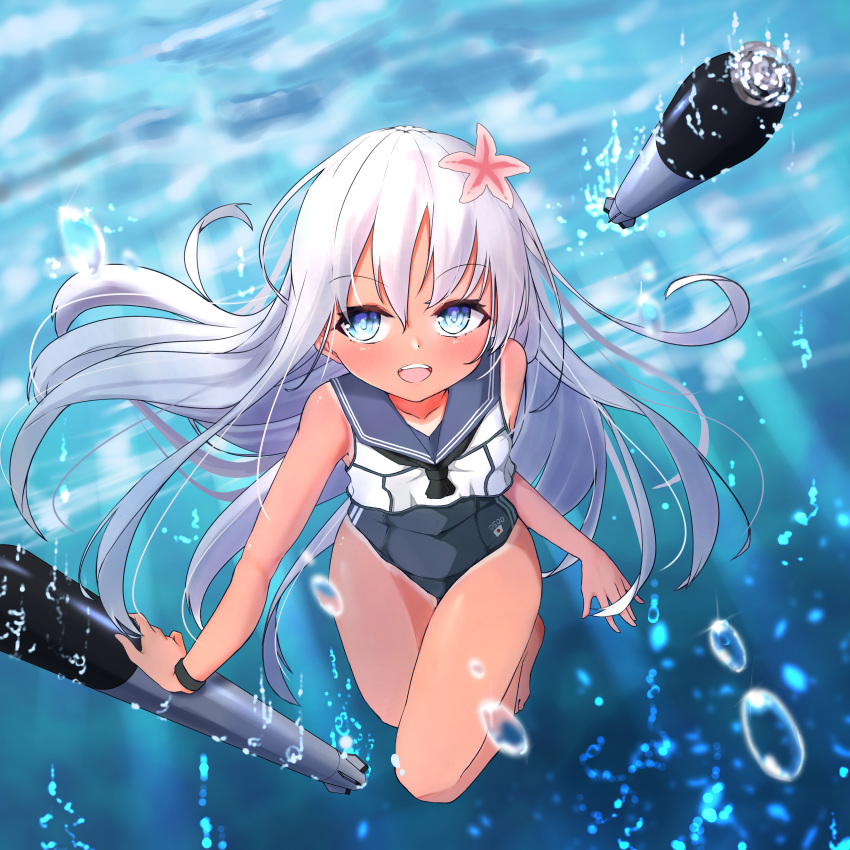 1girl absurdres black_neckwear black_swimsuit blonde_hair blue_eyes blue_sailor_collar commentary_request crop_top eto_(eto96-1114) flower full_body hair_flower hair_ornament highres huge_filesize kantai_collection looking_at_viewer neckerchief one-piece_tan open_mouth ro-500_(kantai_collection) sailor_collar school_swimsuit school_uniform serafuku smile solo swimsuit swimsuit_under_clothes tan tanline torpedo underwater upper_teeth