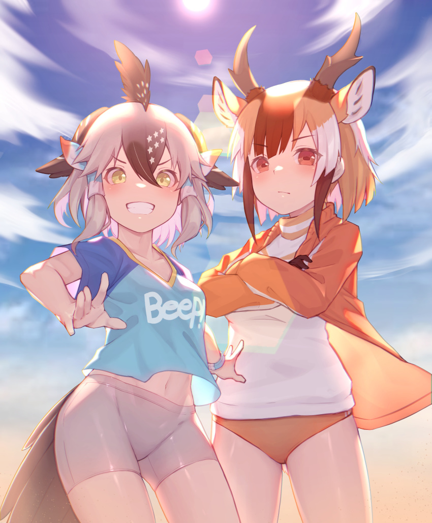 2girls absurdres animal_ears bike_shorts bird_tail black_hair blue_shirt blue_sky brown_eyes brown_hair buruma clothes_writing crossed_arms day extra_ears greater_roadrunner_(kemono_friends) grey_hair grin head_wings highres horns jacket kemono_friends long_sleeves looking_at_viewer midriff multicolored_hair multiple_girls navel orange_buruma orange_jacket outdoors pronghorn_(kemono_friends) shirt short_sleeves sky smile st.takuma standing track_jacket two-tone_hair white_shirt