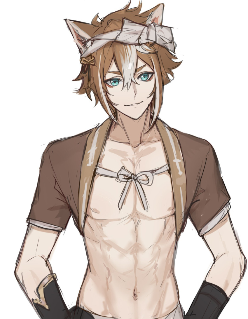 1boy abs animal_ears bangs black_gloves blue_eyes brown_hair fox_boy fox_ears genshin_impact gloves gorou_(genshin_impact) ha_ze hachimaki hair_between_eyes hair_ornament headband highres japanese_clothes male_focus multicolored_hair nipples parted_lips short_sleeves simple_background solo streaked_hair toned toned_male white_background white_hair white_headband