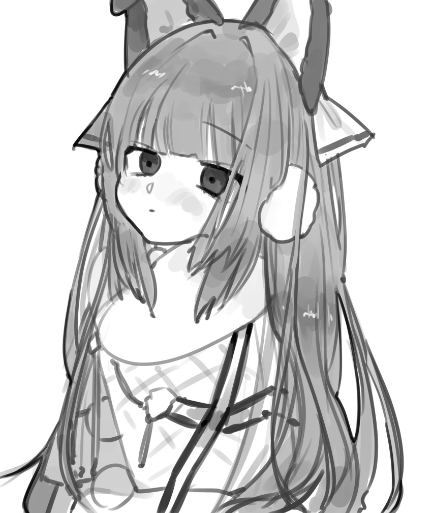 1girl animal_ears azur_lane bangs blunt_bangs capelet closed_mouth earmuffs eyebrows_visible_through_hair fake_animal_ears fur_collar hair_ribbon highres long_hair looking_at_viewer monochrome p_p_p99 pom_pom_(clothes) ribbon simple_background solo tashkent_(azur_lane) upper_body very_long_hair white_background