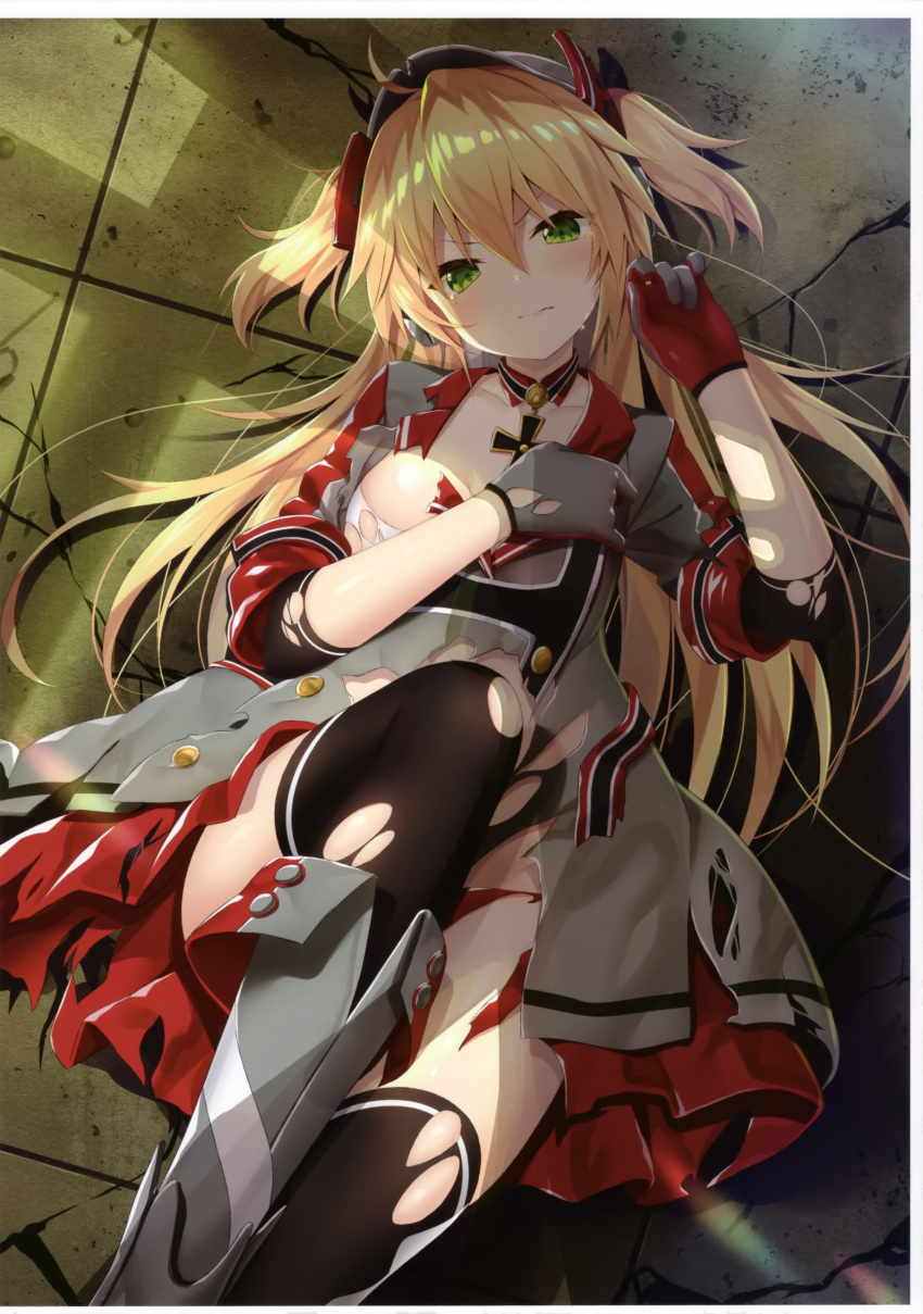 1girl absurdres azur_lane bangs blonde_hair blush boots breasts clenched_teeth collarbone gloves green_eyes hair_ornament highres iron_cross knee_boots lips long_hair looking_at_viewer lying medium_breasts military military_uniform mole mole_under_eye on_back scan shiny shiny_hair shiny_skin simple_background sleeves_rolled_up solo teardrop tears teeth thigh-highs torn_clothes torn_legwear uniform yano_mitsuki