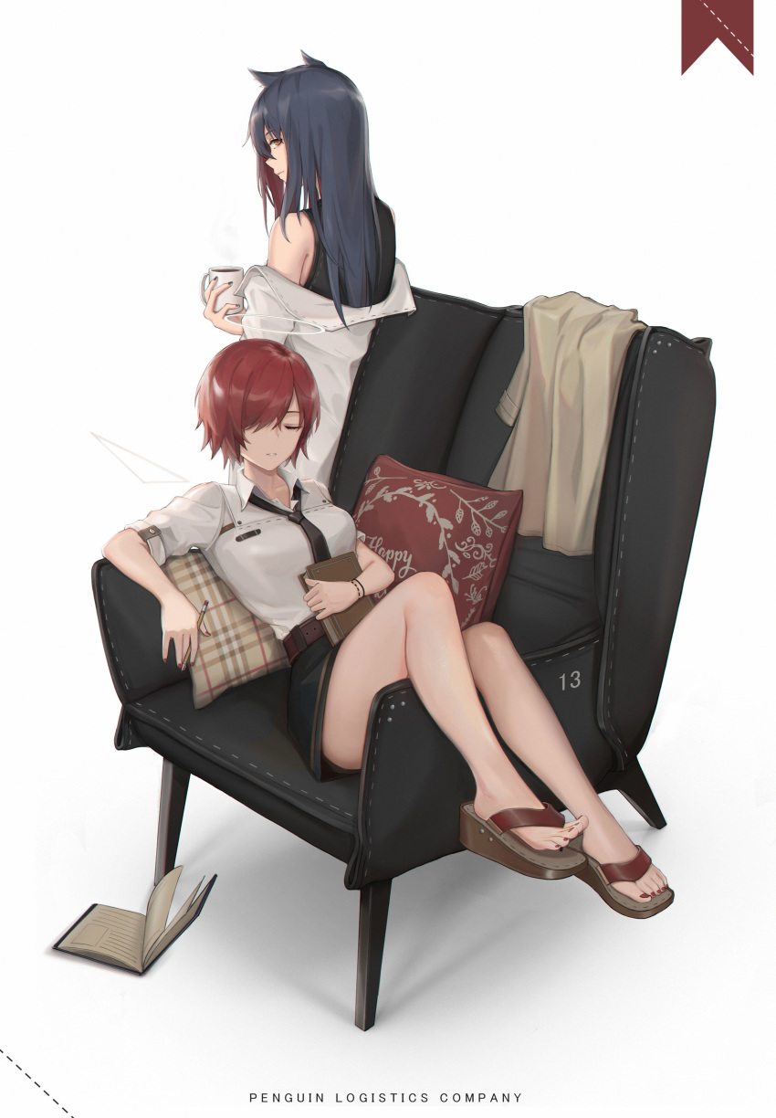 2girls absurdres animal_ears arknights armchair bare_legs bare_shoulders black_hair black_neckwear black_shirt black_skirt book breasts brown_eyes chair cjmy closed_eyes commentary_request cup exusiai_(arknights) from_behind halo highres holding holding_book holding_cup jacket long_hair looking_at_viewer looking_back miniskirt mug multiple_girls necktie off_shoulder pillow profile redhead sandals shadow shirt short_hair short_sleeves simple_background skirt sleeveless sleeveless_shirt small_breasts texas_(arknights) thighs toenail_polish white_background white_jacket white_shirt wolf_ears