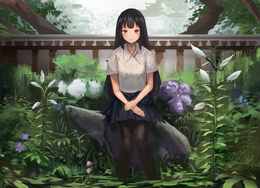 1girl black_hair black_legwear blue_skirt closed_mouth collared_shirt commentary_request day fjsmu flower grass hands_on_lap hands_together highres light_frown long_hair looking_at_viewer on_rock original outdoors pantyhose pleated_skirt scenery shiny shiny_hair shirt short_sleeves sitting skirt solo sunlight tree very_long_hair violet_eyes white_flower white_shirt